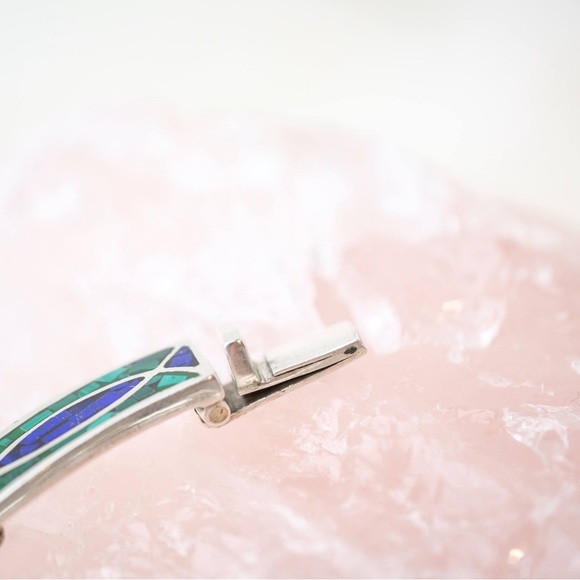 Vintage .925 Sterling Silver Choker Inlay necklace Lazuli Lapis & Malachite 90s - Picture 15 of 16